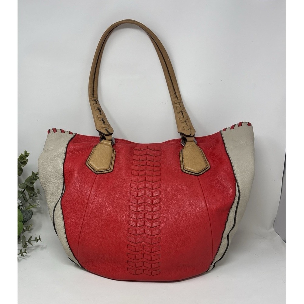 orYANY Lyssie Red Cream Leather Color Block Tote Shoulder Bag A252525